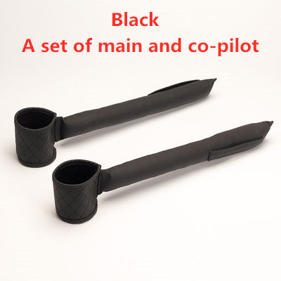 Two black PU leather car seat organizers are shown against a plain background. The text above the objects reads, "Valga Leather Car Seat Gap Filler - Set of Main and Co-pilot," indicating these stylish gap fillers are designed to fit perfectly between the driver and passenger seats of your vehicle.