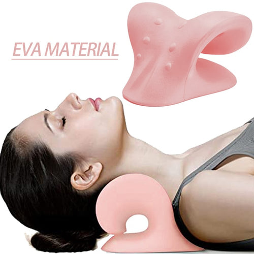 A person with dark hair is lying down, using a Valga Neck Shoulder Stretcher Pillow made of EVA material to alleviate neck pain. The ergonomic design supports the cervical spine, shown both in use and separately to highlight its shape. The text "EVA MATERIAL" is displayed on the image.