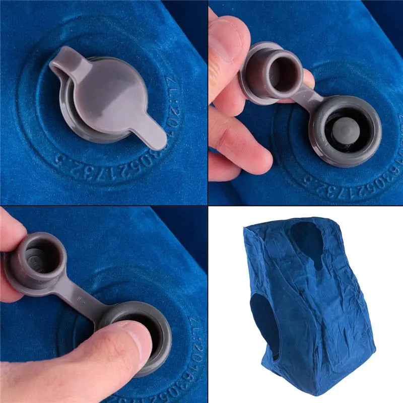 A collage of four images illustrates the process of inflating an air seat. The first three images show a close-up of opening the air valve cap and inflating the valve. The fourth image displays the fully inflated blue **Valga Inflatable Air Cushion Travel Pillow** with side handles visible, perfect for neck pain relief on the go.