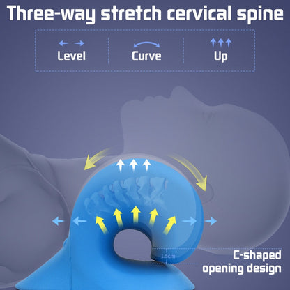 Illustration of Valga's Neck Shoulder Stretcher Pillow featuring a C-shaped opening design. Depicts a person utilizing the pillow to align the cervical spine in three directions: level, curve, and upward. Yellow arrows indicate the direction of the stretch at the arch's edges for neck pain relief.