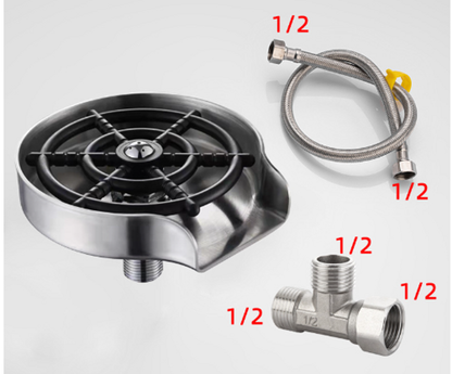 Image showcasing three plumbing items. On the left is a round, stainless steel wall mount water outlet with a black valve, part of the Valga Glass Rinser Automatic Cup Washer. To the right is a flexible hose with a yellow handle, labeled 1/2, designed for high-pressure water jets. Below is a metal T-fitting connector, also labeled 1/2.