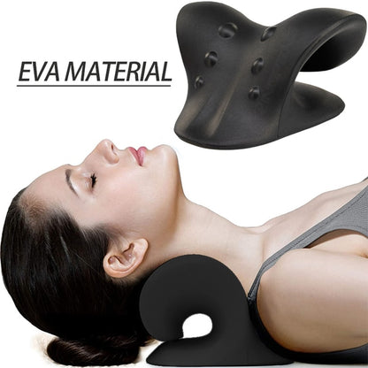 A woman lies on her back using the Valga Neck Shoulder Stretcher Pillow, crafted from black EVA material to contour and support the cervical spine. The image includes a close-up shot of the device above her for a clearer view of its shape and texture, making it ideal for alleviating neck pain.