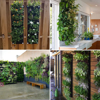 A collage of four vertical garden setups: one featuring Valga's Vertical Hanging Garden Flower Pots attached to a wooden wall, one with a lush vertical hanging garden above a kitchen sink, another with a vibrant green wall in a courtyard accompanied by a wooden bench, and one showcasing eco-friendly pocket garden systems on a patio wall.