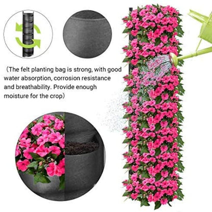 An image shows a Valga Vertical Hanging Garden Flower Pot brimming with vibrant pink flowers, all nestled in an environmentally protective felt planting bag. A green watering can is gently sprinkling water over the blooms. Insets offer a detailed look at the material of the felt bag and a close-up view of the flowers, while text highlights the key features of the garden pot.