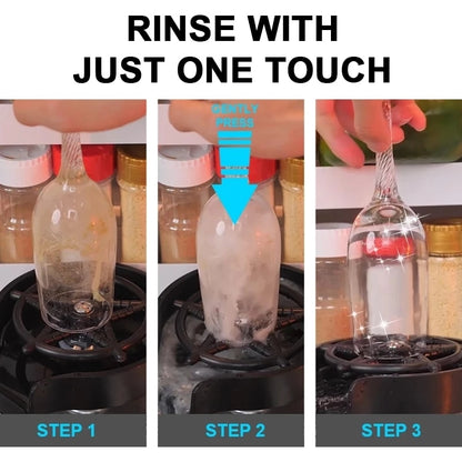 An image demonstration of how to rinse a wine glass in three steps using the Valga Glass Rinser Automatic Cup Washer. Step 1: A dirty glass is placed upside down on the Glass Rinser. Step 2: The glass is rinsed with high-pressure water jets, shown by a blue arrow and text reading "Gently Press". Step 3: The glass comes out clean. Text at the top reads "Valga".