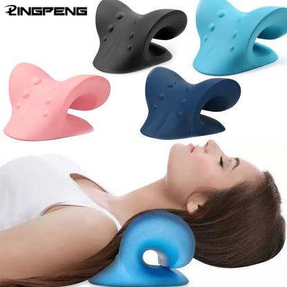 A woman reclines with a blue Neck Shoulder Stretcher Pillow from Valga under her neck, providing cervical spine relief. The cushion features a unique curved shape with indents for added comfort. Above her are three variations in black, pink, and dark blue, showcasing the color options. The brand name "Valga" is at the top left.