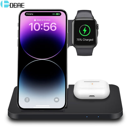 The Valga 3in1 Wireless Fast Charger Dock Station is a sleek black 15W fast wireless charger that offers a comprehensive multiple device charging solution, accommodating a smartphone, smartwatch, and wireless earbuds. The smartphone screen indicates the time as 10:56, the smartwatch displays a 75% charge, and the earbuds rest in their case on the platform.