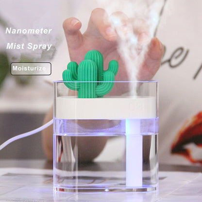 A 160ML Ultrasonic Air Humidifier from Valga, designed with a clear exterior and a green cactus inside, emits a fine mist. The device sits on a table against a blurred background with the labels "Nanometer Mist Spray" and "Moisturize" visible. A person's hand hovers above the mist, indicating relief for dry air.