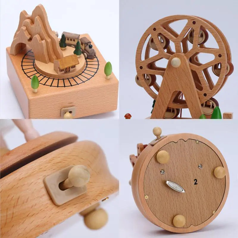 A collage of four images showcasing wooden mechanical toys. Clockwise from top left: a mountain train model, a Ferris wheel, the base of the Valga Music Box - Vintage Wood with the number '2' and metal knob, and a close-up of a wooden switch on the side of the music box. Perfect for nostalgic decor or as an heirloom gift.