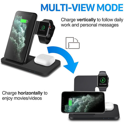 The image showcases the Valga 3in1 Wireless Fast Charger Dock Station designed for Apple devices, including a smartphone, smartwatch, and earbuds. This 15W fast wireless charger supports both vertical charging (ideal for messages) and horizontal charging (perfect for videos). Icons indicate how to position the devices to access each mode efficiently.