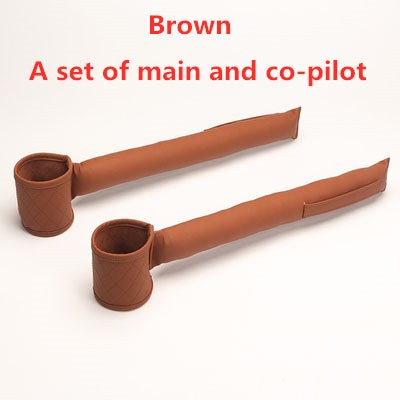 Two Valga Leather Car Seat Gap Fillers in brown PU leather are displayed on a white background. Each accessory features an attached cylindrical cup holder. The text above reads, "Brown" and "A set of main and co-pilot seat gap fillers.